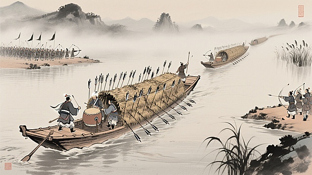 传统中国水墨画风格赤壁之战草船借箭。一长排草船正顺风归航。船身两侧密密麻麻插满了箭，战士在船上擂鼓，大批曹军在东岸射箭，船队向西驶去。河面平静，大雾缭绕背景是雾气缭绕的山脉和芦苇。优雅的笔触，极简的深墨和浅棕色配色，杰作，空灵的意境。
