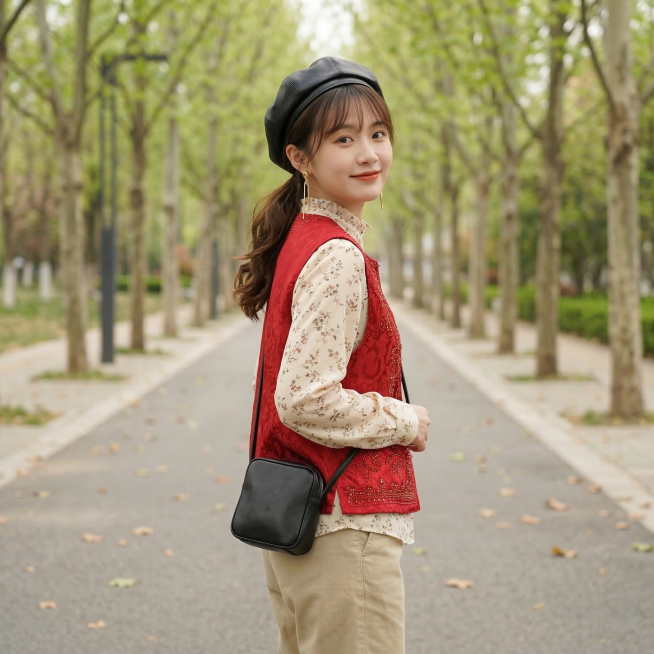 同一个长相甜美的年轻东亚女生，年龄20-25岁，身穿图中这件红色提花烫钻马甲，搭配浅卡其色直筒休闲裤和米白碎花立领衬衫，上衣不塞下装。女生留高马尾，发尾烫出自然弧度，额前留碎刘海，头戴黑色皮质贝雷帽，预览效果