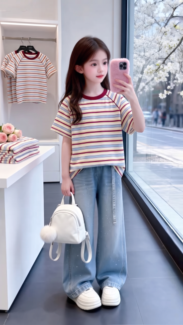 用图1短袖替换掉图2的模特上身穿的衣服和旁边桌子上折叠的衣服以及后方衣架上挂着的衣服，保留原场景光影，保持图2的人物的五官和发饰不变，姿势不变，背景不变，图片宽高尺寸不变，保持图1的短袖的款式材质不预览效果