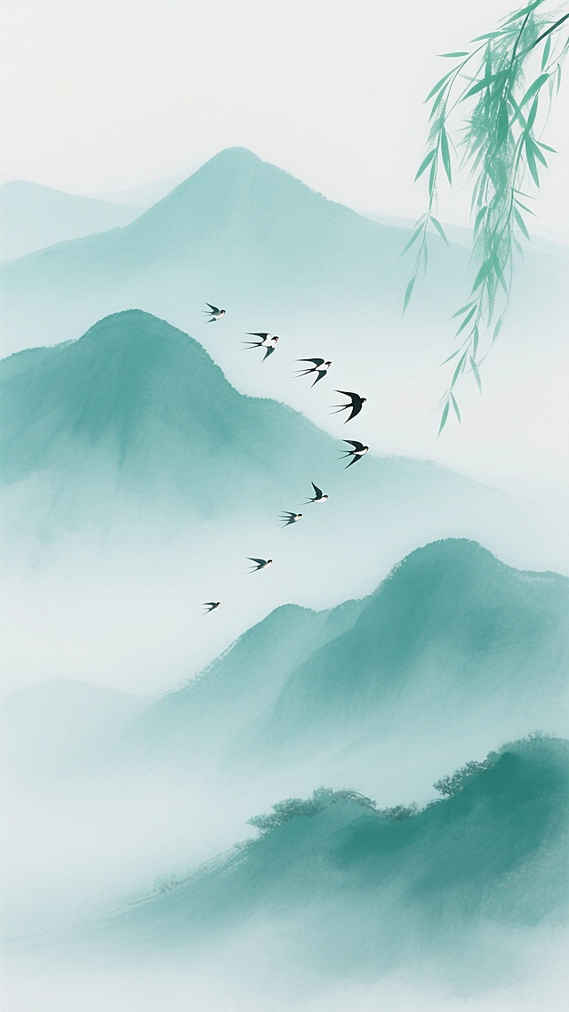 中国水墨画风格，以青绿色调为主，描绘层叠远山在薄雾中若隐若现的景象，右上角有柳枝垂下，枝叶呈青绿色，山间有数只飞鸟呈人字形排列飞翔，整体画面留白充足，意境悠远宁静，笔触柔和，墨色晕染自然，营造出淡雅清新的山水意境。