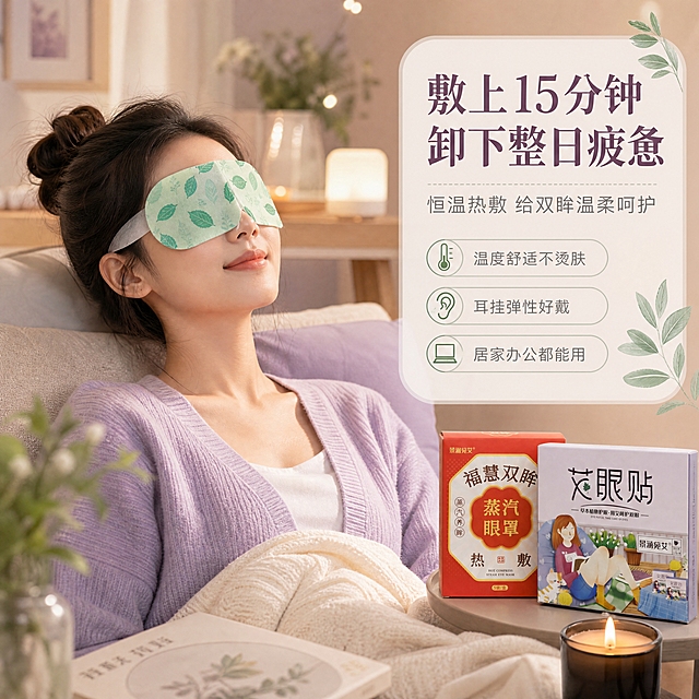[主图-4] 真人使用场景：亚洲女性居家放松使用蒸汽眼罩，体现使用氛围和情绪价值，强化「给眼睛放个假」的舒适体验。
[统一基调] 风格=温柔草本养生风商业摄影；主色=浅紫色+莫兰迪绿+暖米色；背景=暖米色+浅紫调居家环境柔化；标题字=柔美宋体粗体，深紫灰色；正文字=简洁无衬线体，中暖灰色；强调色=莫兰迪艾草绿，仅用于小面积图标、引线和标签点缀；组件=圆角浅底信息卡、细线引线、草本叶片装饰；光影=左前侧暖柔光，柔和漫射，阴影轻淡。
[画面] 画面中部偏左亚洲年轻女性半身像，闭眼放松状态，佩戴浅绿叶片纹蒸汽眼罩，表情舒缓愉悦；人物占画面约50%。场景为温馨卧室/居家沙发环境，暖光台灯、抱枕、毛毯、香薰蜡烛等柔和道具虚化背景。右下角露出蒸汽眼罩包装盒与艾眼贴盒各一角做产品关联。前景有虚化草本叶片和暖光斑点缀。
[光影质感] 商业人像摄影质感，主光为暖调侧柔光，人物面部受光均匀柔和，皮肤质感通透；背景环境光温暖朦胧，有景深虚化；产品盒光影与环境统一，自然融入场景。
[配色] 沿用统一基调：暖米色+浅紫为主，莫兰迪绿做点缀；整体暖调温馨，人物肤色自然，无冷色或高饱和色破坏氛围。
[文字版式] 右侧竖排信息区（文字全部横排）：主标题「敷上15分钟 卸下整日疲惫」，副标题「恒温热敷 给双眸温柔呵护」；下方3条体验短句（横排）：「温度舒适不烫肤」「耳挂弹性好戴」「居家办公都能用」；文字区在右侧留白处，用圆角浅底信息卡承载，不遮挡人物面部主体；主标题最大最粗，辅助文字缩小。
[输出要求] 比例1:1，2048×2048，4K分辨率，人物表情自然，产品清晰；禁止水印、平台Logo、极限词、医疗功效承诺、人物面部扭曲、手指畸形、冷蓝灰调；人物为亚洲女性，年龄25-35岁，气质温柔居家。