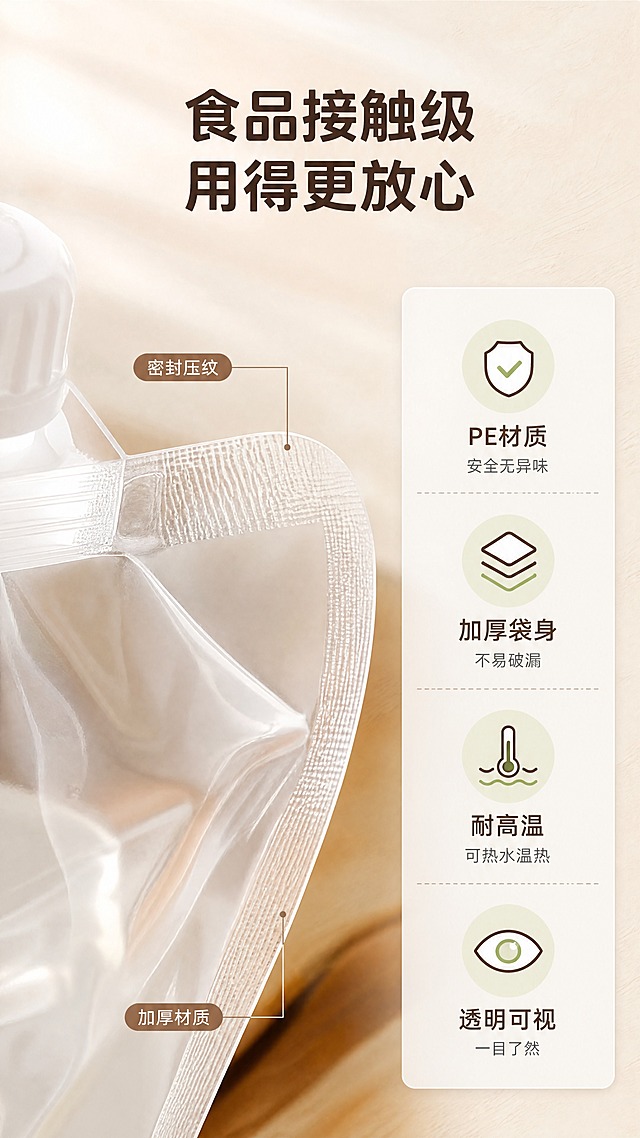 [商品] 使用【图1】透明自立吸嘴袋；保留透明袋身材质、密封边纹理、袋身厚度；放大展示材质细节，增强通透感和质感。
[画面] 目标：材质细节页，微距展示食品接触级材质。构图：左侧大尺寸材质微距特写（袋身透明纹理+密封边压纹），右侧信息卡区；主体微距占画面50%，浅暖米背景。
[视觉] 套系策略：风格=清新自然家居商业摄影；标题字=圆润黑体粗体；正文字=简洁无衬线黑体；主色=暖米白+草木绿；背景延展=基于暖米白做深浅层级、同色渐变和细腻木纹/哑光纸质感；强调色=浅棕褐色，仅用于小面积图标、引线和标签；标题色=深棕褐色；正文色=中暖灰；组件=圆角浅底信息卡、细线引线、绿色胶囊标签；光影=左前侧暖柔光，自然窗光感。
[文字] 顶部主标题"食品接触级 用得更放心"，右侧信息卡列4个材质卖点："PE材质 安全无异味""加厚袋身 不易破漏""耐高温 可热水温热""透明可视 一目了然"；配小图标，文字横向排版。
[规格] 图片比例9:16竖版，4K，避免变形、错字、文字过小、冷蓝/蓝灰背景、产品颜色改变、结构失真、绝对化用语。