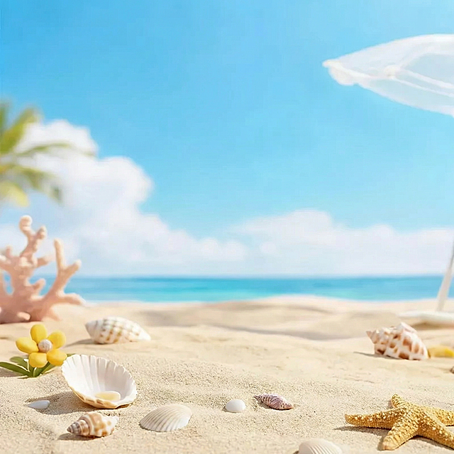 去掉图中的两瓶黄色洗护产品，去掉画面中所有文字，保留原有海滩背景，其他内容保持不变