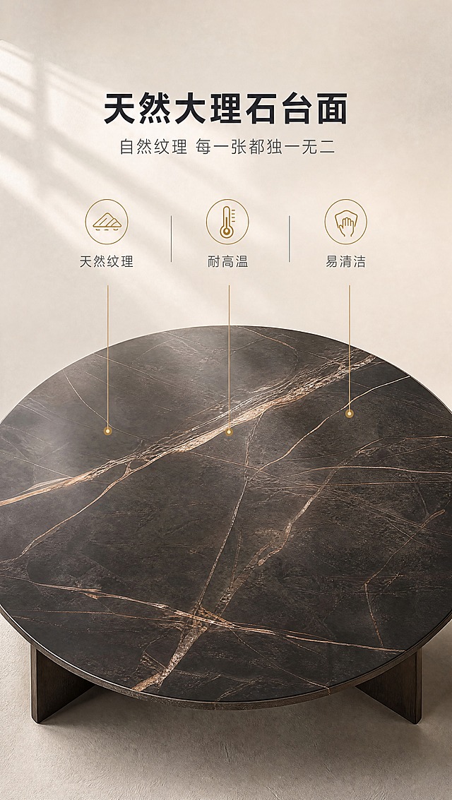 [商品] 使用【图1】意式轻奢圆形大理石茶几；保留圆形台面、深色天然大理石纹理、实木支撑脚；重点展示台面的天然大理石纹理与质感；不改变产品结构与材质。
[画面] 目标：材质工艺证明，突出天然大理石台面的纹理与品质。构图：上文下景，顶部文案区，底部台面大特写。主体位置：画面下半部分，台面占画面约65%。摆放角度：俯视角度，展示完整圆形台面纹理。景别：特写，聚焦大理石纹理细节。阅读动线：从上到下。前中后景：前景台面纹理、中景台面边缘、后景虚化背景。场景：纯净背景，台面有柔和光影表现质感。
[视觉] 套系策略：风格=意式轻奢高级家居商业摄影；标题字=现代简约粗黑体；正文字=纤细无衬线体；主色=米白暖灰；背景延展=基于米白暖灰做深浅层级、同色渐变和细腻墙面/织物质感；强调色=古铜金，仅用于小面积图标、引线和标签；标题色=深炭灰；正文色=中暖灰；组件=细线信息卡、金色引线、圆角图标；光影=顶部柔光，大理石面有细腻反光与纹理层次。
[文字] 顶部文案区：主标题"天然大理石台面"，副标题"自然纹理 每一张都独一无二"；底部3个图标卖点："天然纹理""耐高温""易清洁"，配金色引线指向台面相应位置；文字横向排版，不遮挡主要纹理区域。
[规格] 图片比例9:16竖版，宽度1200px，4K分辨率，避免变形、错字、文字过小、冷蓝背景、产品颜色改变、纹理失真、绝对化用语。