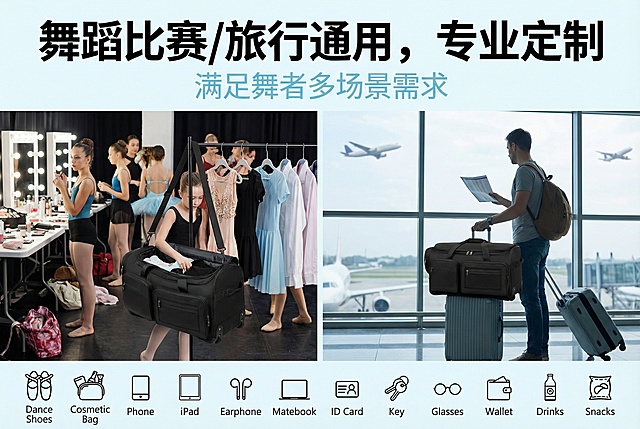 电商卖点详情图，画面展示包在舞蹈比赛后台、旅行途中的使用场景，上方配大字号文字卖点"舞蹈比赛/旅行通用，专业定制"，下方小字"满足舞者多场景需求"，使用现代无衬线字体，主色调为黑色和浅蓝，画面简洁专业，突出场景适配性