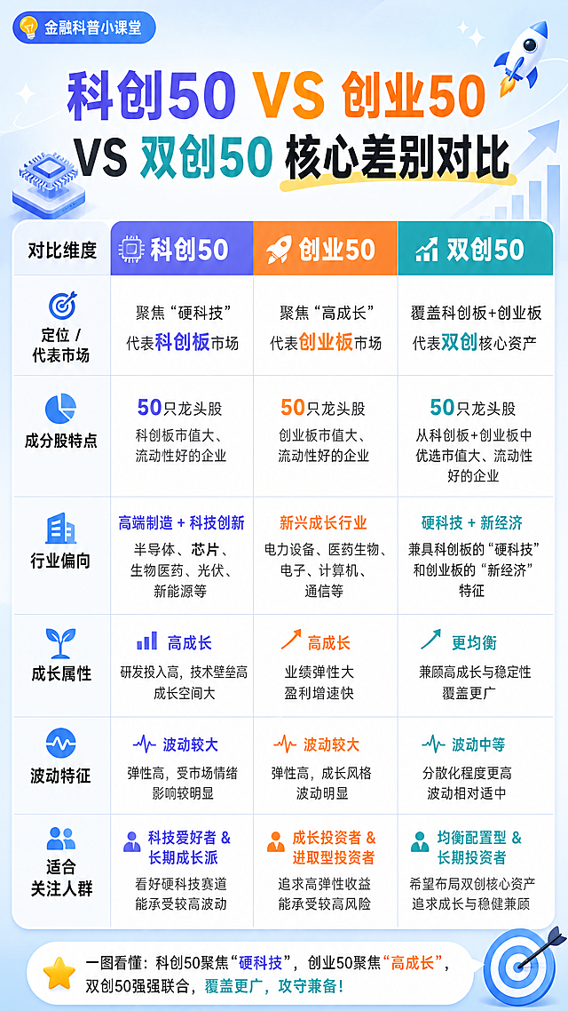 小红书金融科普内页图，更清晰大字体展示科创50、创业50、双创50核心差别对比表，浅蓝色渐变背景，用三种不同色块区分三个指数，表格线条简洁，文字放大清晰，适合手机阅读，排版宽松不拥挤，风格活泼年轻化