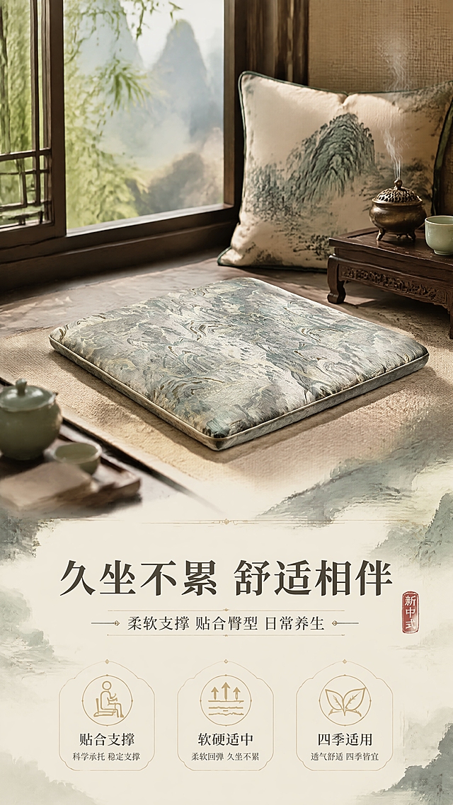 [商品] 使用【图6】新中式锦缎坐垫；保留方形轮廓、山水织纹图案、青绿色调、锦缎材质、包边；自然理顺面料，增强织纹立体感与光泽，不改变版型和图案。
[画面] 目标：使用体验展示，突出坐感舒适与日常使用场景。构图：场景大图，坐垫放置在中式飘窗/榻榻米上，产品占画面约40%，旁边有古风靠枕、小茶桌、线香炉等点缀。前景虚化的茶席边缘，中景坐垫与雅致空间，远景窗外竹林/山景虚化，三层景深。低角度侧视，营造沉浸式氛围。
[视觉] 套系策略：风格=新中式古风商业摄影，东方雅致美学；标题字=宋体衬线粗体，带书法笔意；正文字=纤细宋体；主色=青绿色+米杏色；背景延展=基于青绿山水做水墨晕染渐变、宣纸纹理、云雾层次；强调色=赭石金，仅用于小面积图标、引线和装饰线条；标题色=深墨色；正文色=深灰褐；组件=细线描边信息卡、水墨印章元素、山水纹样分隔线；光影=左前侧柔和自然光，带暖调，营造温润雅致氛围。
[文字] 画面下方半透明信息卡，主标题「久坐不累 舒适相伴」，副标题「柔软支撑 贴合臀型 日常养生」，3个体验卖点：贴合支撑 | 软硬适中 | 四季适用。文字横向排版，信息卡不遮挡坐垫主体。
[规格] 图片比例9:16竖版，4K分辨率，负向提示：避免变形、错字、文字过小、现代装修风格、冷色调、人物脸部、图案错乱、面料褶皱。