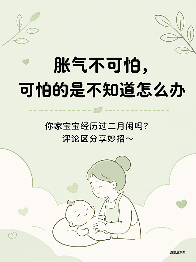 [第6页-结尾互动]小红书图文结尾页，3:4竖版，浅绿底色，清新护理风，简约线条风格。画面中上部放置大字 "胀气不可怕，可怕的是不知道怎么办"，黑色圆润字体。大字下方放置互动引导文字 "你家宝宝经历过二月闹吗？评论区分享妙招～"，字体稍小，黑色居中排列。右下角放置极小字 "康丽恩家政"。整体配色统一浅绿色+奶白色，全程无价格、无电话、无网址、无大logo、无医疗诊断用语。分辨率4K，文字清晰可辨，变形，水印，文字错乱，颜色偏差，背景杂乱。