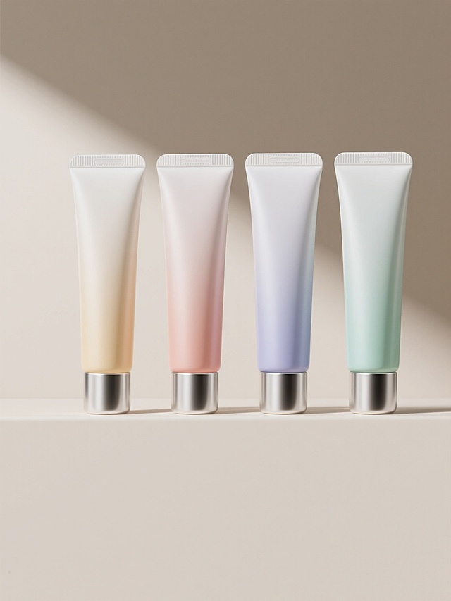 4个不同配色、不同样式的洗面奶造型，上下两行对齐排列，浅色背景，每个洗面奶均为细长管状，具有光滑细腻的渐变色彩，顶部为白色旋盖，底部带有金属质感的银色底座，整体呈现出3D渲染的高清质感，光线柔和，阴影细腻，色彩过渡自然，具有现代简约的设计风格，突出产品的高端与纯净感。