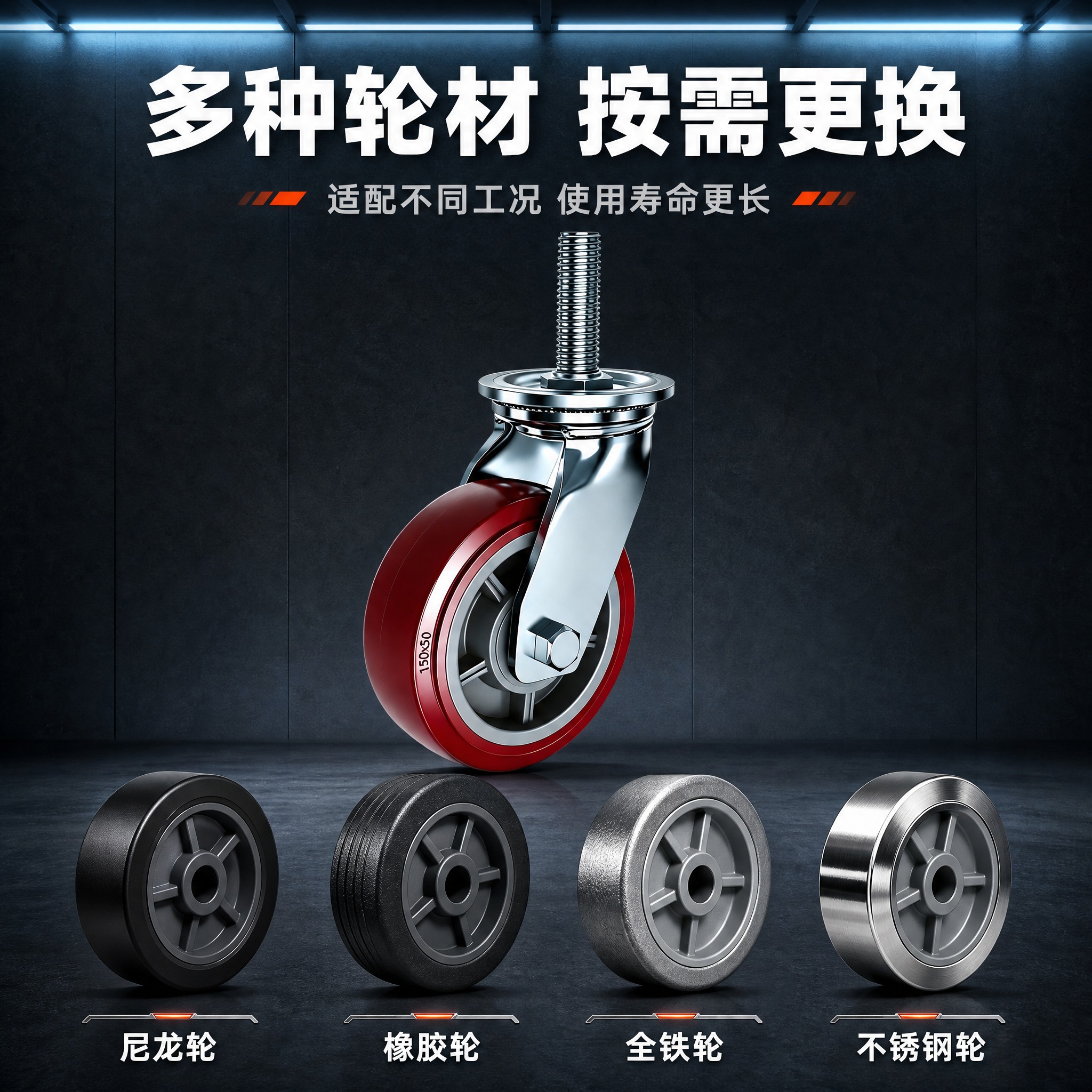 [主图-3] 重型丝杆万向轮多轮材可选展示图，核心任务是展示轮… - 图片创意预览