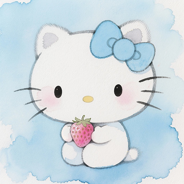手绘Q版Hello Kitty头像，1:1正方形，浅蓝色小蝴蝶结，耳朵边缘带浅灰色绒毛，圆滚滚的身体抱粉色小草莓，背景是淡蓝色渐变，简约干净，线条柔和，色彩清新治愈，8K高清，适合女生头像，无水印