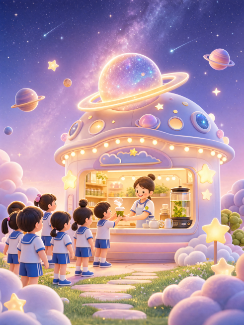 6.1儿童节幼儿园"快乐星球"主题活动，养生疗愈茶馆，幼儿园小朋友可以在这里免费领取一杯养生茶，整体风格温馨治愈，保留星球、星空和云朵元素，小朋友穿着园服排队领茶，高清，卡通3D风格，色彩明亮柔和预览效果
