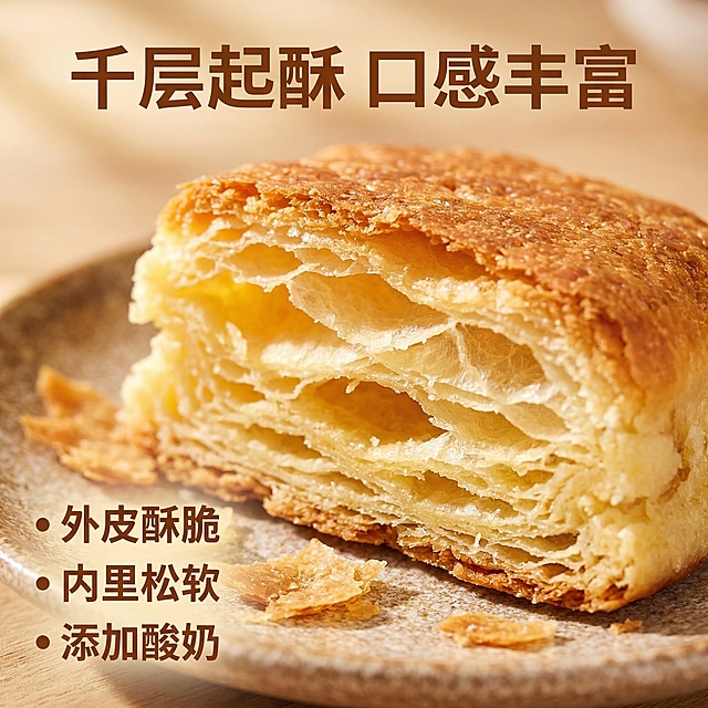 [垫图] https://gdesign-dam-hz.dancf.com/35930998114866200/2c47e4a250eb41aa9d97f6a719282fa1.png
[主图主题] 酸奶锅盔分层细节卖点主图
[氛围/风格] 高级微距特写，暖调食欲感，酥脆质感突出
[画面元素] 微距特写酸奶锅盔的横切剖面，放大展示丰富清晰的千层纹理，酥皮蓬松，层次分明，掉渣酥脆，周围散落少量自然酥屑，暖阳光线打在剖面，突出纹理的通透感；背景用简约暖木色虚化，聚焦产品细节，画面全屏铺满
[配色色系] 主色调：金黄酥皮色；辅助色：暖木棕
[视角构图] 特写平视，剖面填充画面主体，景深很浅突出纹理细节
[文字版式] 顶部标题 "千层起酥 口感丰富" 暖棕色粗体；左下角标注三个核心卖点："外皮酥脆" "内里松软" "添加酸奶"，竖向排列，简洁干净；文字放置于背景留白处，不遮挡细节
[比例分辨率] 1:1 比例，2k分辨率