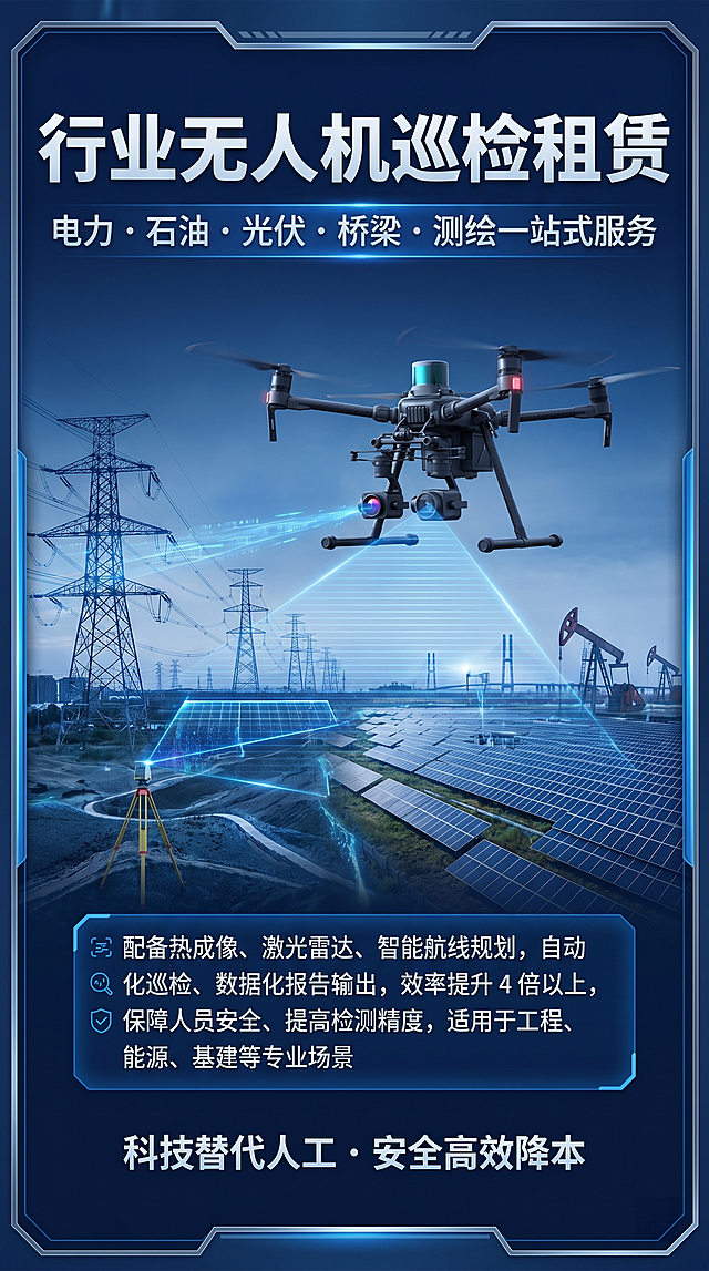 工业专业科技海报，深蓝色严谨风，画面展示巡检无人机在电力光伏工程场景，高清质感，大气正式，包含文字：主标题"行业无人机巡检租赁"副标题"电力・石油・光伏・桥梁・测绘一站式服务"正文"配备热成像、激光雷达、智能航线规划，自动化巡检、数据化报告输出，效率提升 4 倍以上，保障人员安全、提高检测精度，适用于工程、能源、基建等专业场景"行动语"科技替代人工・安全高效降本"