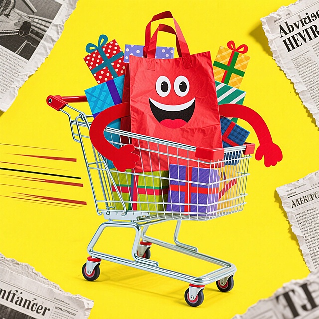一辆购物车，车内有一个拟人化的红色购物袋（带着开心的表情，有眼睛、嘴巴和红色手臂），购物车里堆满了彩色礼盒；购物车呈现出快速移动的动态感（有速度线等动态效果），黄色背景