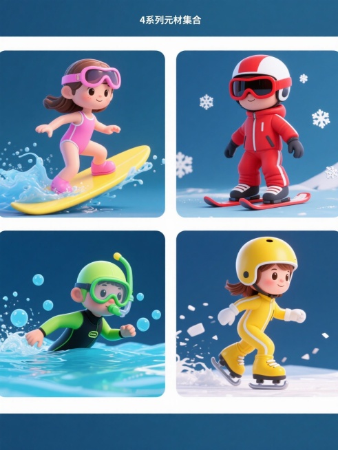一套4个规整排布的系列素材集合，每个素材均为3D卡通风格、高细节、超高清的儿童运动形象，纯色背景，保持相同的明亮光影、圆润可爱的角色造型和动态姿态。第一个素材：穿着粉色连体泳衣、戴着粉色护目镜的小女孩在黄色冲浪板上冲浪，溅起蓝色水花；第二个素材：穿着红色滑雪服、戴着红色滑雪镜的小男孩站在滑雪板上，周围有白色雪花；第三个素材：穿着绿色潜水服、戴着绿色潜水面罩的小男孩正在游泳，周围有蓝色水泡；第四……预览效果