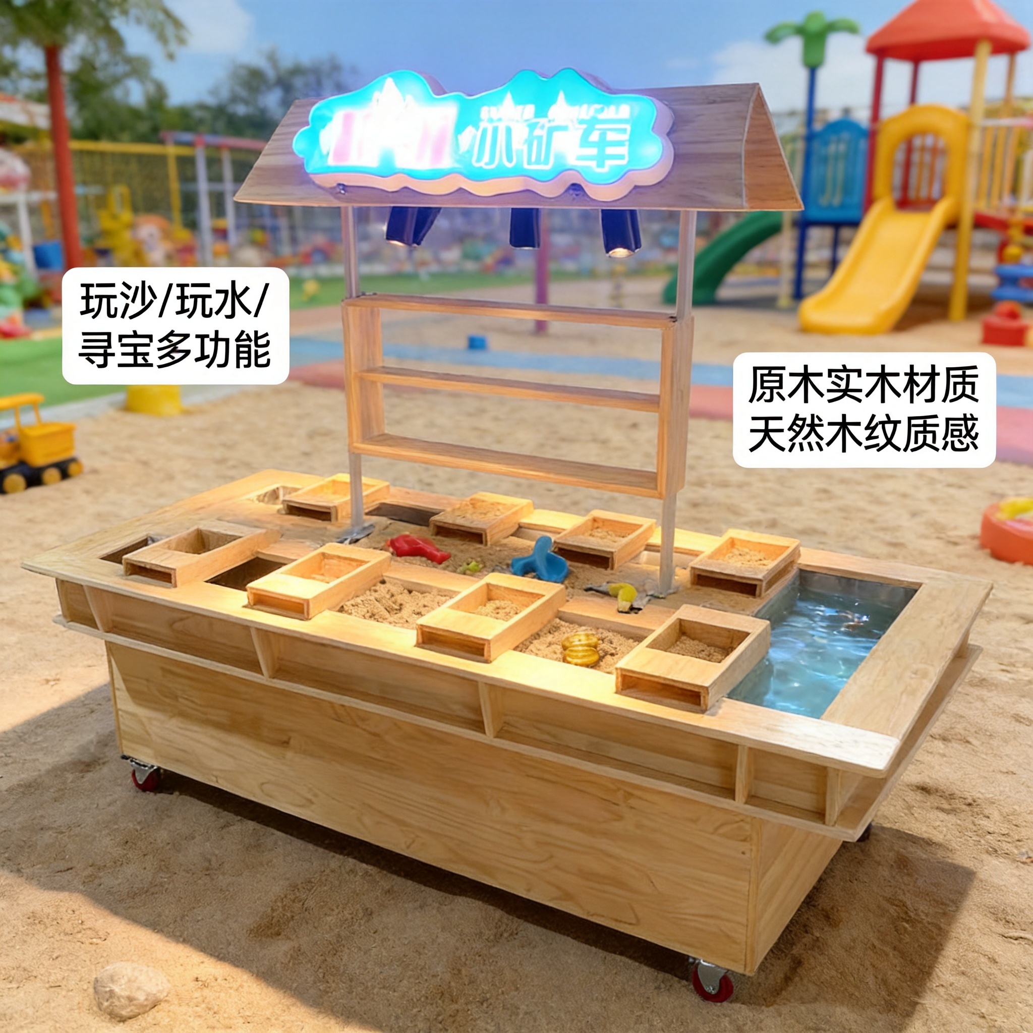 儿童乐园淘矿车卖点主图，展示可玩沙玩水寻宝多功能，原木实木材质… - 图片创意预览