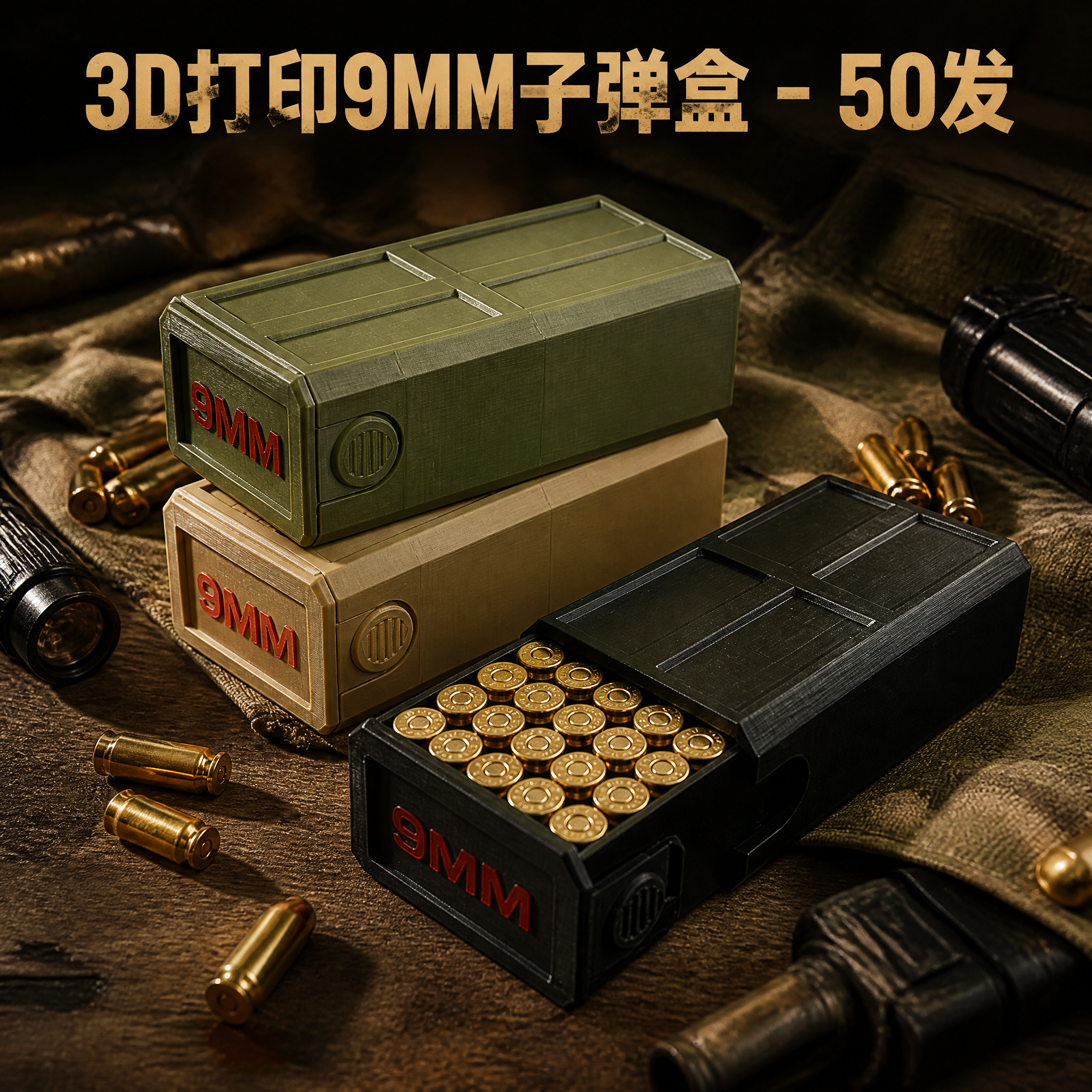 一张3D打印9mm子弹盒三色合集产品展示主图，画面中有三个同款… - 图片创意预览