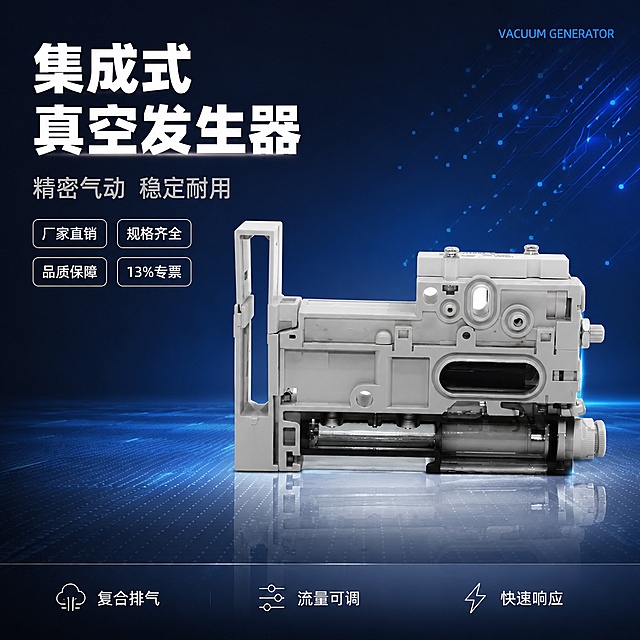 [主图-1] 集成式真空发生器工业科技风首图。
[氛围风格] 深蓝工业科技风，精密五金器械质感，冷调硬核专业感；
[画质] 商业产品摄影质感、光线冷冽通透、产品清晰锐利、画面干净高级、金属与塑胶材质真实。
[元素] 集成式真空发生器主体居中偏右，完整展示正面全貌，左侧留出负空间放置文案。背景为深蓝到藏青的径向渐变，底部有微弱科技网格线与冷蓝色光晕，右上角有淡蓝色粒子光点与电路线条装饰，营造精密工业氛围。产品下方有柔和反光地面，增强悬浮感与高级感。**保持真空发生器外观（即物理结构、材质质感、颜色、接口布局、针阀位置、排气结构）与输入产品图绝对一致，杜绝任何变形和色差，精细化处理金属与塑胶表面**。商品主体占比约70%；画面满屏无边框。
[光影] 冷调主光从左上45°照射，金属边缘形成锐利高光，塑胶表面呈现细腻哑光质感；右侧冷蓝色补光勾勒产品轮廓；底部有微弱环境反光；整体光比适中，暗部有层次，高光不溢出，突出精密器械的结构立体感。
[配色] 主色调深蓝、藏青；辅助色冷蓝、银灰、白色；产品本色浅灰与金属银。
[视角构图] 平视微偏45°视角，产品为视觉中心；前中后景分层，景深中等，背景虚化突出主体，产品轮廓完整不裁切。
[文字版式] 左上负空间左对齐留安全边距，主标题大字「集成式真空发生器」白色粗体无衬线最大号；下方辅助文案「精密气动 稳定耐用」银灰色约半高；再下方四个卖点胶囊横向排列：「厂家直销」「规格齐全」「品质保障」「13%专票」，深蓝底白字细边。底部通栏极淡半透明渐变蒙层，三列短句：「复合排气」「流量可调」「快速响应」，白字左对齐。右上角小字英文装饰「VACUUM GENERATOR」冷蓝色。
[输出要求] 1:1比例，文字清晰锐利可辨，超高清商业摄影质感；
[负向提示词] 变形，文字错乱，产品图模糊，背景杂乱，水印，电商平台Logo，多余人物，卡通感。