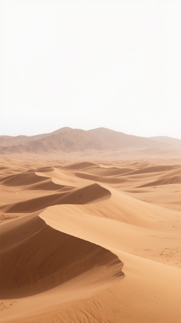 写意风格的沙漠景观，以大面积的土黄色和沙丘的波浪线条构成主体，远处是轮廓柔和的淡棕色山脉，天空为纯净的白色留白，沙丘表面有细腻的纹理和自然的曲线起伏，整体色调温暖统一，营造出宁静辽阔的氛围，体现丝绸之路沙漠的苍茫与悠远意境，画面简洁而富有层次感，具有自然流畅的视觉引导。预览效果