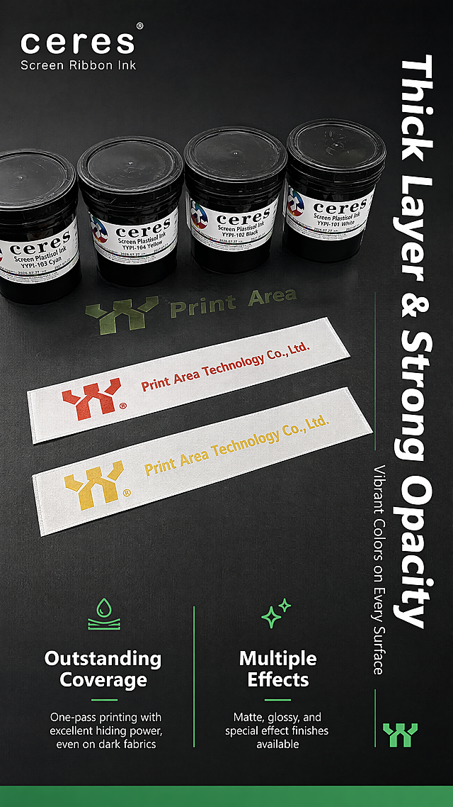 [第3张] 详情页印刷效果展示 — Ceres Screen Ribbon Ink 墨层厚实遮盖力强 + 多样印刷效果对比。本张使用【图3】俯视四色油墨+印刷样条图作为主体。
[氛围/风格] 跨境极简工业风，俯视产品展示，真实印刷效果对比，专业印刷耗材质感。
[元素布局] 四桶油墨（Cyan/Yellow/Black/White）俯视角度排列于画面上半部分，占比约35%，保持黑色桶盖、标签与原图一致；画面中下部展示两条印刷样条（红色+黄色印在织带/标签面料上），斜向摆放，突出印刷效果；背景为深灰色哑光台面，台面有Print Area品牌标识做弱化处理；画面右侧和底部为文字说明区。
[光影质感] 顶部均匀柔光，俯视角度无明显阴影，桶盖有圆形高光，印刷样条纹理清晰可见，墨层厚度质感突出，整体干净专业的产品摄影棚光感。
[配色色系] 全局底色 #1E1E1E 深灰近黑；主色品牌绿 #2ECC71 + 白色；辅助色为印刷样条的红黄亮色点缀。
[视角构图] 俯视45°斜角，产品与样条呈对角线构图，阅读动线顶部产品展示 → 中部印刷效果特写 → 右侧/底部文字说明。
[文字版式] 全英文文案。右侧竖排主标题 "Thick Layer & Strong Opacity"，副标题 "Vibrant Colors on Every Surface"，白色无衬线粗体；底部信息区分两栏：左栏 "Outstanding Coverage" 配小字说明 "One-pass printing with excellent hiding power, even on dark fabrics"；右栏 "Multiple Effects" 配小字说明 "Matte, glossy, and special effect finishes available"；绿色分割线区分栏目；文字不遮挡核心印刷样条。
[比例分辨率] 9:16 竖版比例，4K 分辨率，文字清晰可辨，高清画质。
[负向提示词] 桶身变形，标签文字错乱，颜色偏差，水印，中文文字，印刷样条模糊，墨层质感差，文字过小。