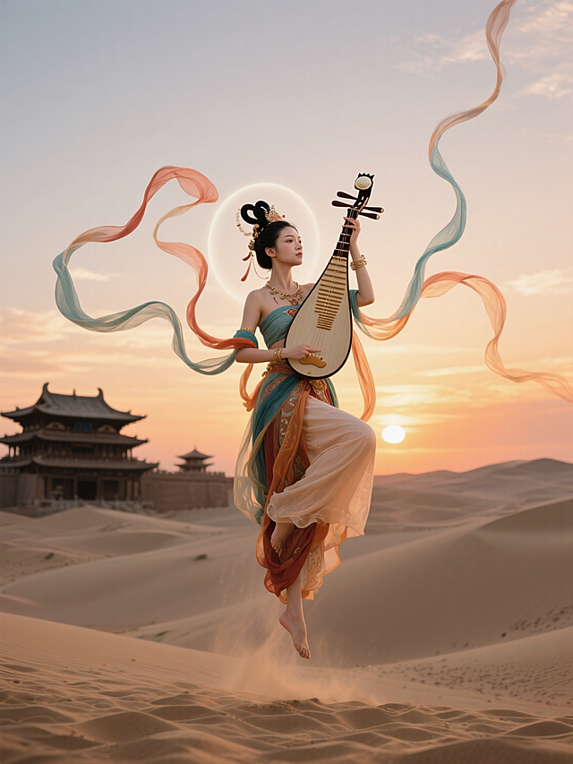 人物穿上敦煌舞者飞天造型衣服与发型，手拿琵琶在沙漠里，丝带环绕悬空仙气飘飘，背景是大沙漠，落日晚霞，远处的古风建筑，复古敦煌滤镜