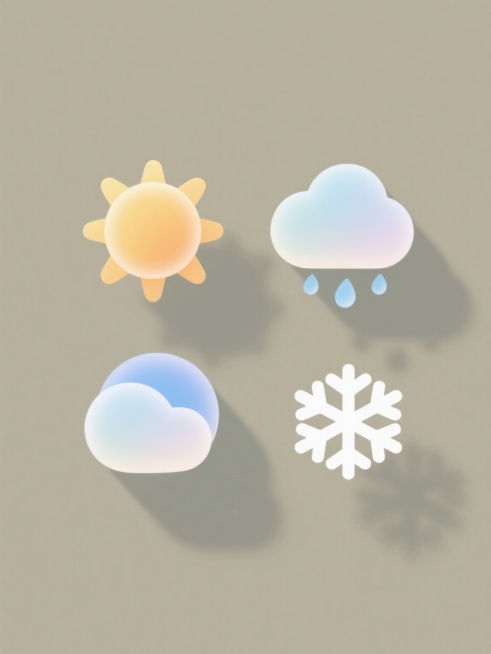 极简风格天气图标系列，四个不同天气元素（太阳、云朵、雨滴、雪花）规整排布于纯色背景上，每个图标采用圆润几何造型，统一的渐变光影处理，柔和的阴影效果，明亮清新的色彩搭配，简洁现代的设计语言，确保整体视觉风格高度一致且元素识别清晰。预览效果