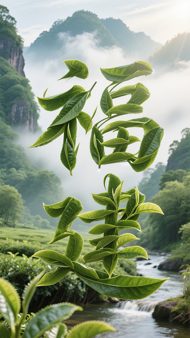 清新自然风，水彩印象画派，实景感茶叶与山雾交织，营造虚拟自然美景。