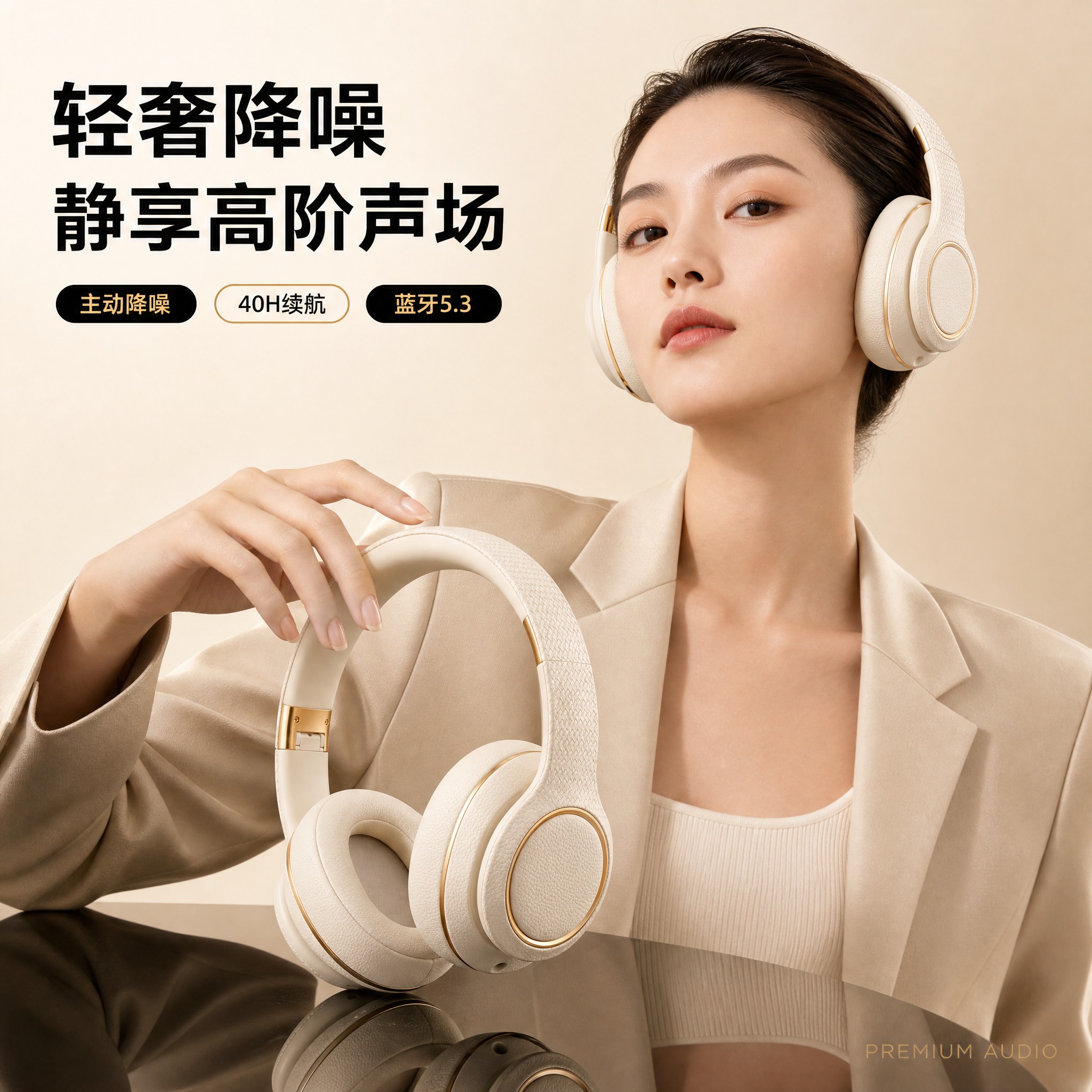 生成卖点主图，奶油米色高端科技广告风，年轻中国女性身穿香槟色西… - 图片创意预览