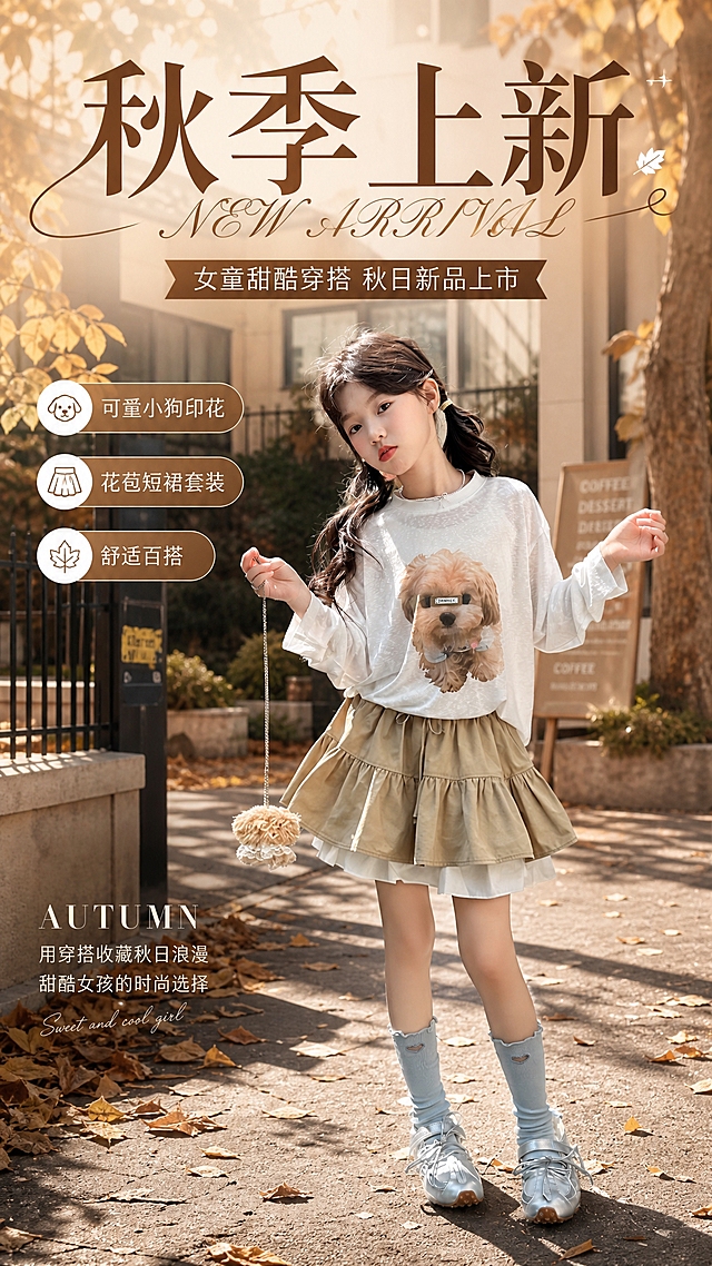 秋季上新女童服饰电商海报，写实商业摄影风格，秋日街拍杂志风。画面主体为穿着白色小狗印花长袖T恤和卡其色花苞短裙的女童，服装100%还原上传商品图的款式、颜色、图案和版型，保留小狗印花图案、卡其色短裙双层裙摆设计、浅蓝色堆堆袜和银色运动鞋。背景为秋日户外街景，暖棕焦糖色调，落叶、梧桐树叶、暖阳光斑，营造秋日氛围感。版式为杂志大片风格，大标题居上，人物大图居中偏下，四周留安全边距。画面中必须完整呈现以下文字信息：主标题"秋季上新"，副标题"女童甜酷穿搭 秋日新品上市"，卖点标签"可爱小狗印花"、"花苞短裙套装"、"舒适百搭"，装饰英文"NEW ARRIVAL"。文字放在负空间，不遮挡人物脸部和服装主体。配色：暖棕色、焦糖色、米白色、卡其色为主，秋日温暖色调。顶部自然光+侧前方柔光，柔和阴影，整体高级时尚杂志感。画面中所有信息区域必须填充完整合理的内容，不得出现空白框或待填写区域。版式精美，2K超高清画质。