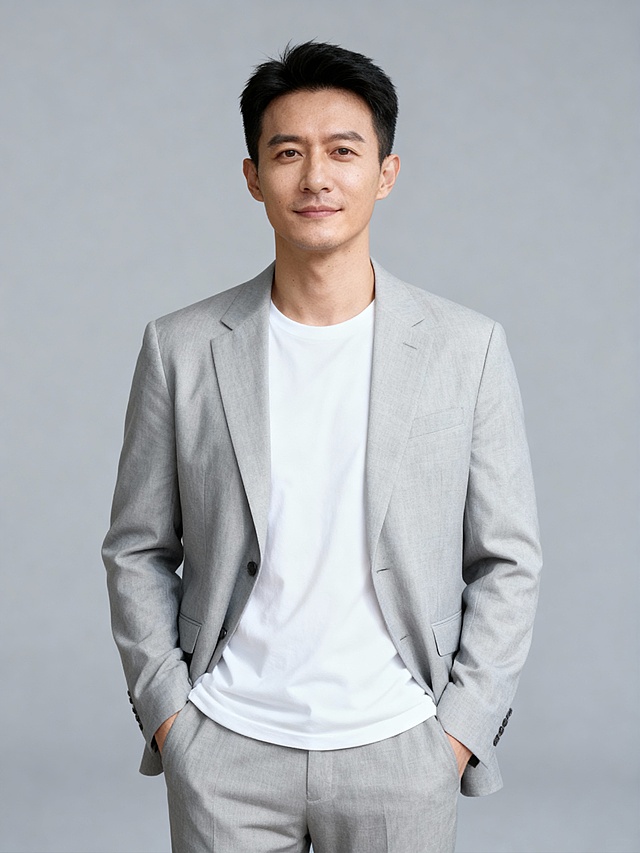 清爽灰色休闲西装男性双手插兜职业形象照