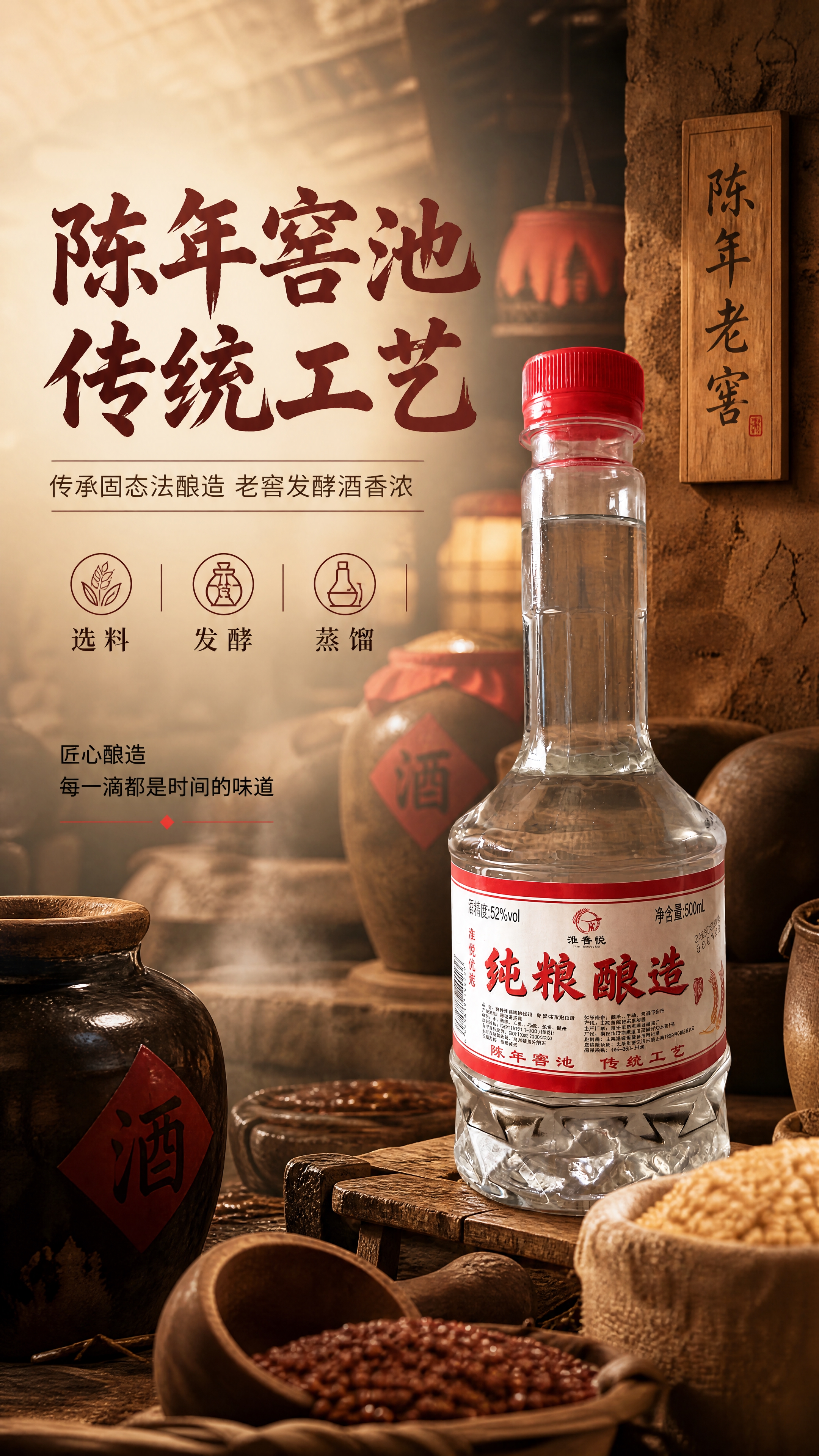 [商品] 使用【图1】淮香悦纯粮酿造白酒瓶；保留透明玻璃瓶身、… - 图片创意预览