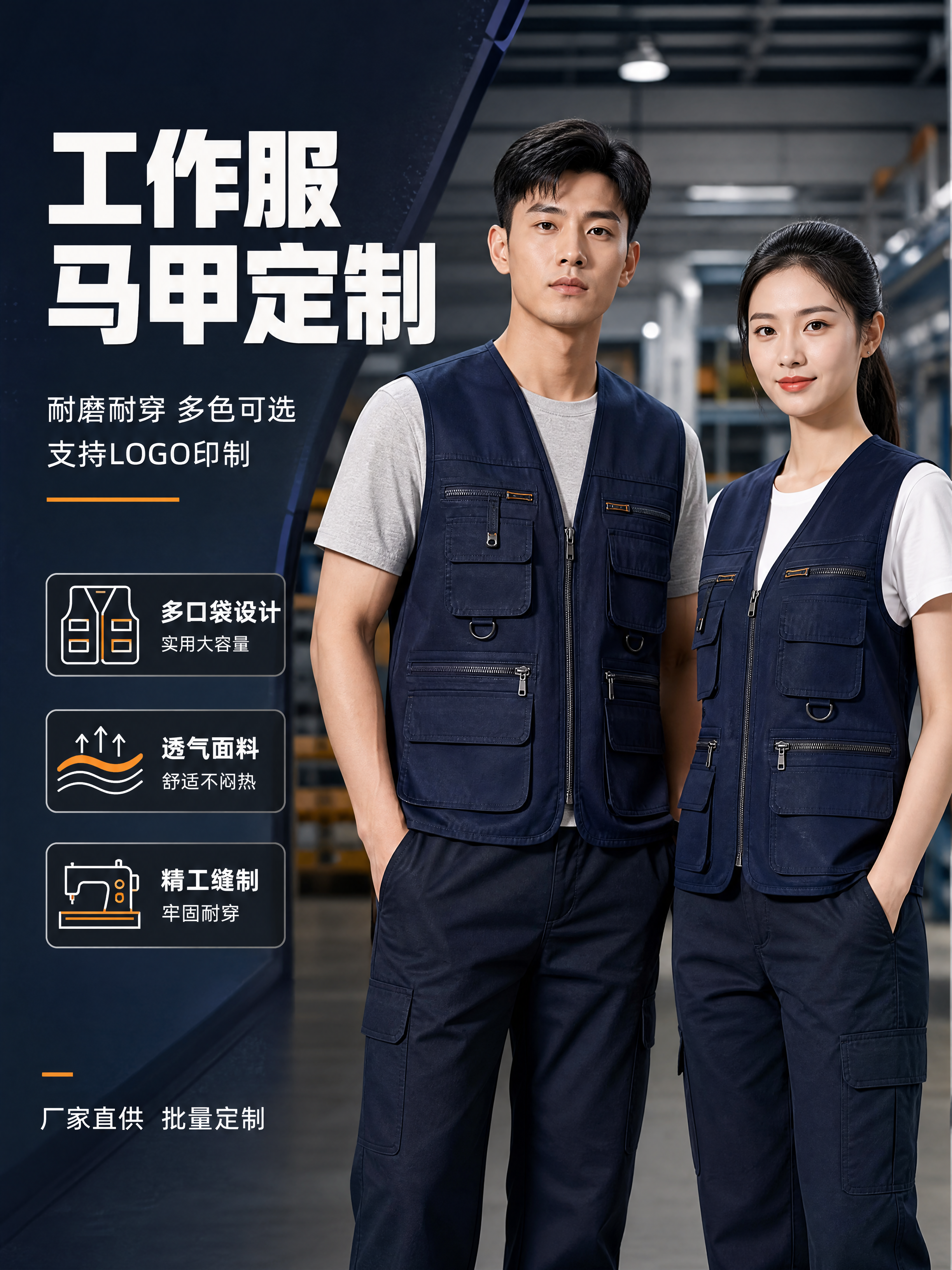 [商品] 工作服马甲定制通用模板；藏青色V领工装马甲，多口袋设… - 图片创意预览
