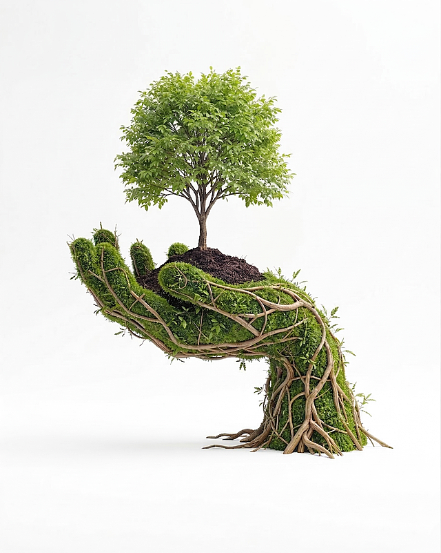 将背景修改为纯R255纯白色，去除现有灰度和浅灰色背景，彻底消除投影，保持由树根绿草构成的手臂托举树木的创意造型，不变形，不改变主体结构，保留清晰细节，背景完全纯净无灰度，不要任何文字