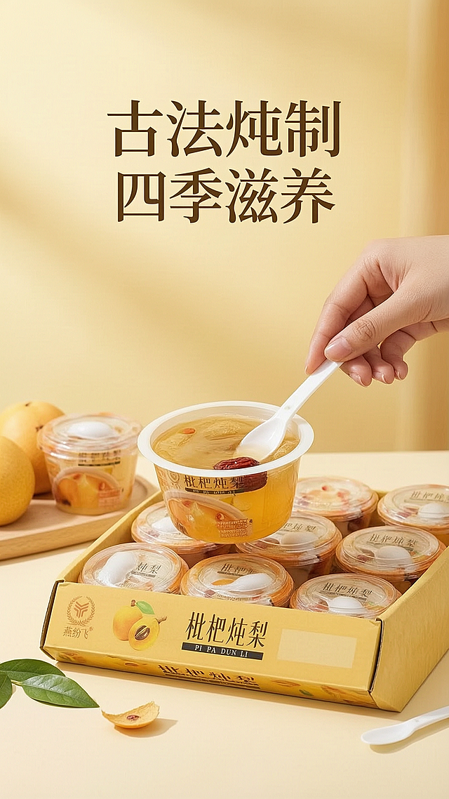 燕纷飞枇杷炖梨产品卖点图，暖黄清新美食风格，突出卖点文字"古法炖制"、"四季滋养"，搭配产品展示，排版清晰干净，不展示价格，适配电商详情页