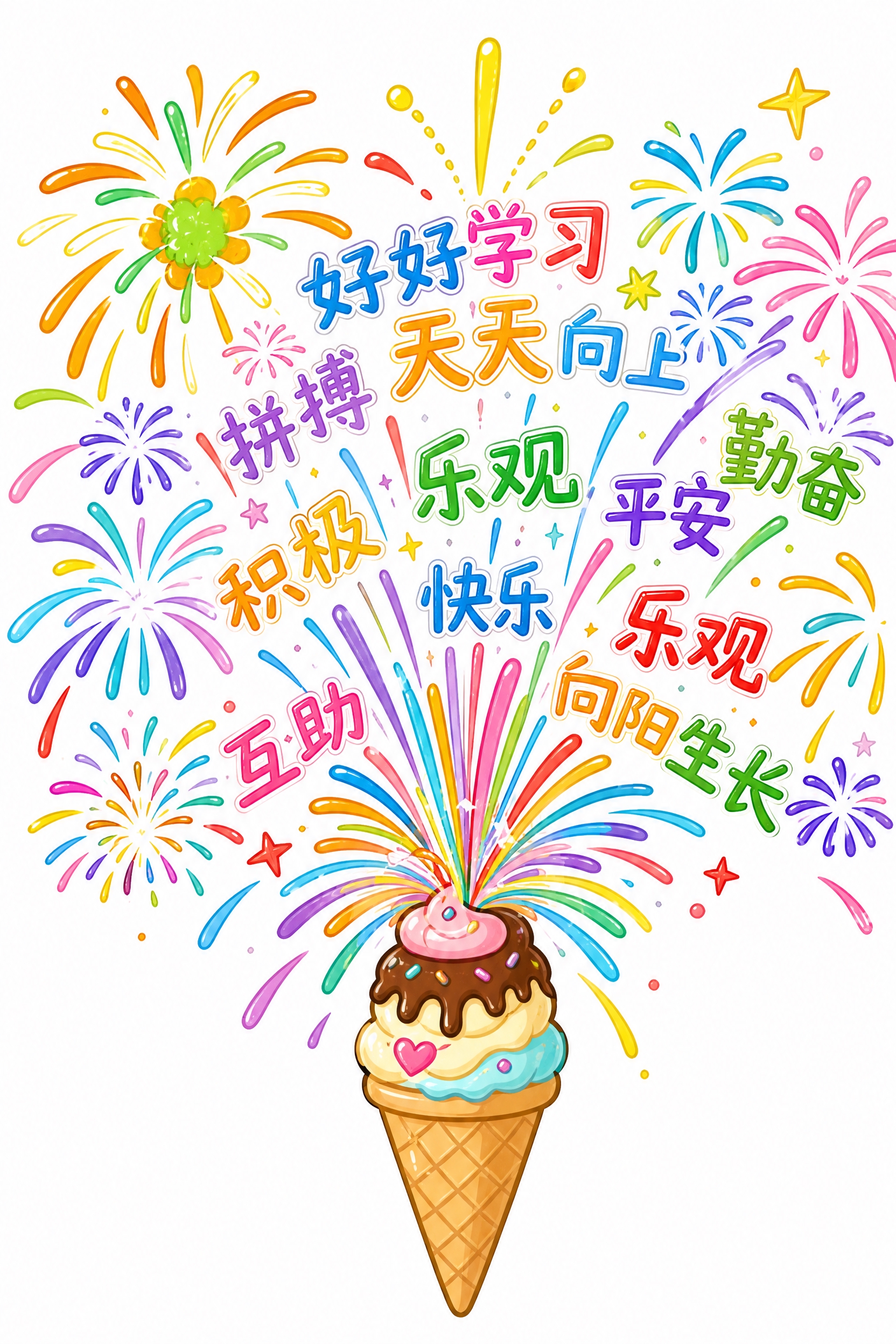 将黑板上的烟花祝福黑板报转换为可爱卡通插画风格，保留所有烟花图… - 图片创意预览