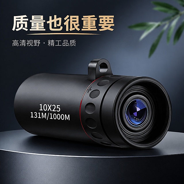 为迷你单筒望远镜换简洁背景突出商品主体，更换商品角度，调整拍摄色度与原图有差异，在图片上添加美观设计感的文字“质量也很重要”，保留原图比例不变
