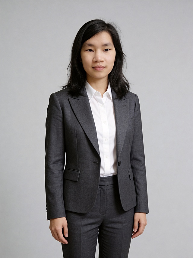 参考图中保留人物脸型、发型、年龄等特征生成职场全身正装形象照,标准焦段50mm,f/4光圈,平视视角(镜头与人物视线齐平);人物居中(居中构图),位于画面中心,为视觉聚焦点,全身照,展现人物完整身形;发质微微柔顺，微微蓬松。身穿深灰色精纺羊毛混纺西装外套,(平驳领设计,面料呈细腻微微哑光质感);内搭白色高支精梳棉衬衫;下装深灰色精纺羊毛混纺西裤;着装正式干练;专业稳重;身形匀称,姿态端正,身体挺拔。呈自然站姿,双手自然垂直身体两侧，肢体放松且自信;去除所有配饰;简约微微中度灰色纯色背景(呈现均匀柔和质感),背景光线均匀柔和,强化色彩对比的高级感。极简干净;32k画质超高分辨率、细节清晰,现代精致感风格;肤质精细化处理;眼神直视镜头,目光坚定且澄澈,表情自然。嘴角上扬;清透自然裸妆(轻薄底妆+淡唇妆)妆感轻薄轻透裸肌感,通透感肤质,肤色均匀白皙,雾面柔光裸肌感,保留真实毛孔纹理,自然提亮｡正面柔光补光,4800K中性光,面部光比1:1.5,色调明亮｡中近景写实摄影,对焦清晰,高清保留皮肤细节｡分辨率4K,去除人物之外的所有元素。严格按照图片内容生成。画面比例3:4