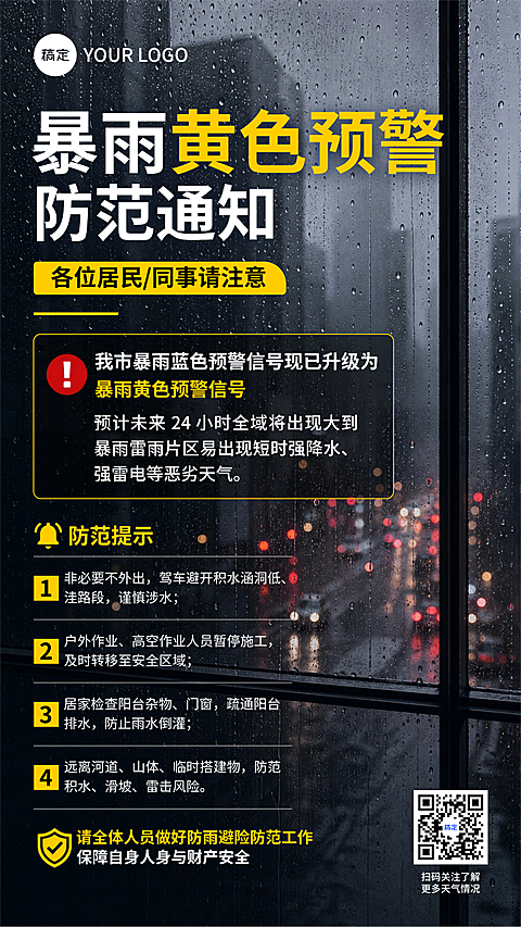 物业中心暴雨预警天气提醒防范通知公告现代风竖屏海报