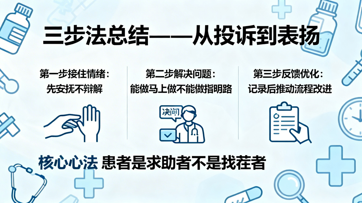 医疗机构药剂科窗口服务培训PPT总结页，标题：三步法总结——从投诉到表扬，保留核心内容：第一步接住情绪：先安抚不辩解，第二步解决问题：能做马上做不能做指明路，第三步反馈优化：记录后推动流程改进，核心心预览效果