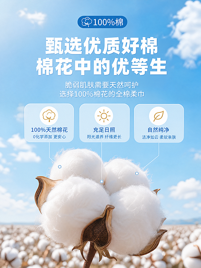 [商品] 成分原料展示页，核心元素为100%天然棉花；使用【图5】棉花特写作为参考，保留棉花蓬松洁白质感、棕色棉壳、棉枝细节。
[画面] 详情页原料成分页，成分展示型构图；画面中下部一朵超大饱满棉花特写占画面40%，棉花细节清晰可见棉纤维；背景是蓝天白云下的棉田远景，虚化处理；上方天空区域留白放文字；营造天然纯净、来自大自然的感觉。
[视觉] 套系策略：风格=国内电商清新治愈商业摄影风；标题字=粗黑体圆润大字；正文字=简洁无衬线体；主色=天空浅蓝；背景延展=基于浅蓝做渐变层次、云朵质感、柔和光晕；强调色=暖金色，仅用于小面积图标、标签和点缀；标题色=白色；正文色=白色带浅蓝底；组件=圆角浅蓝信息卡、胶囊形标签、细线引线；光影=自然日光，棉花受光面明亮有通透感。
[文字] 顶部居中主标题"甄选优质好棉 棉花中的优等生"，副标题"脆弱肌肤需要天然呵护 选择100%棉花的全棉柔巾"；顶部有蓝色胶囊标签"100%棉"配棉花图标；文字全部横向排版，字号大手机端清晰可读。
[规格] 图片比例3:4竖版，4K，medium质量；避免变形、错字、文字过小、棉花质感失真、暗黑色调。