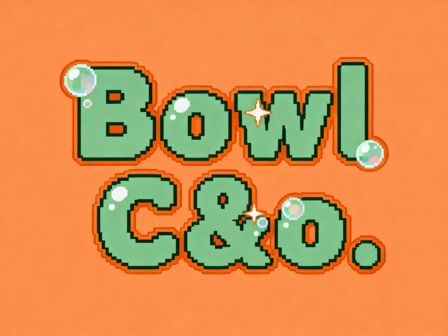 干净的纯莫兰迪橙色背景。平面艺术字体设计，八个字"Bowl & Co."，所有文字单行横向排列，粗厚圆润块状像素风格笔画，笔画边角做圆角处理，整体呈微微倾斜动感排布，笔画点画替换为圆圈泡泡造型。莫兰迪预览效果