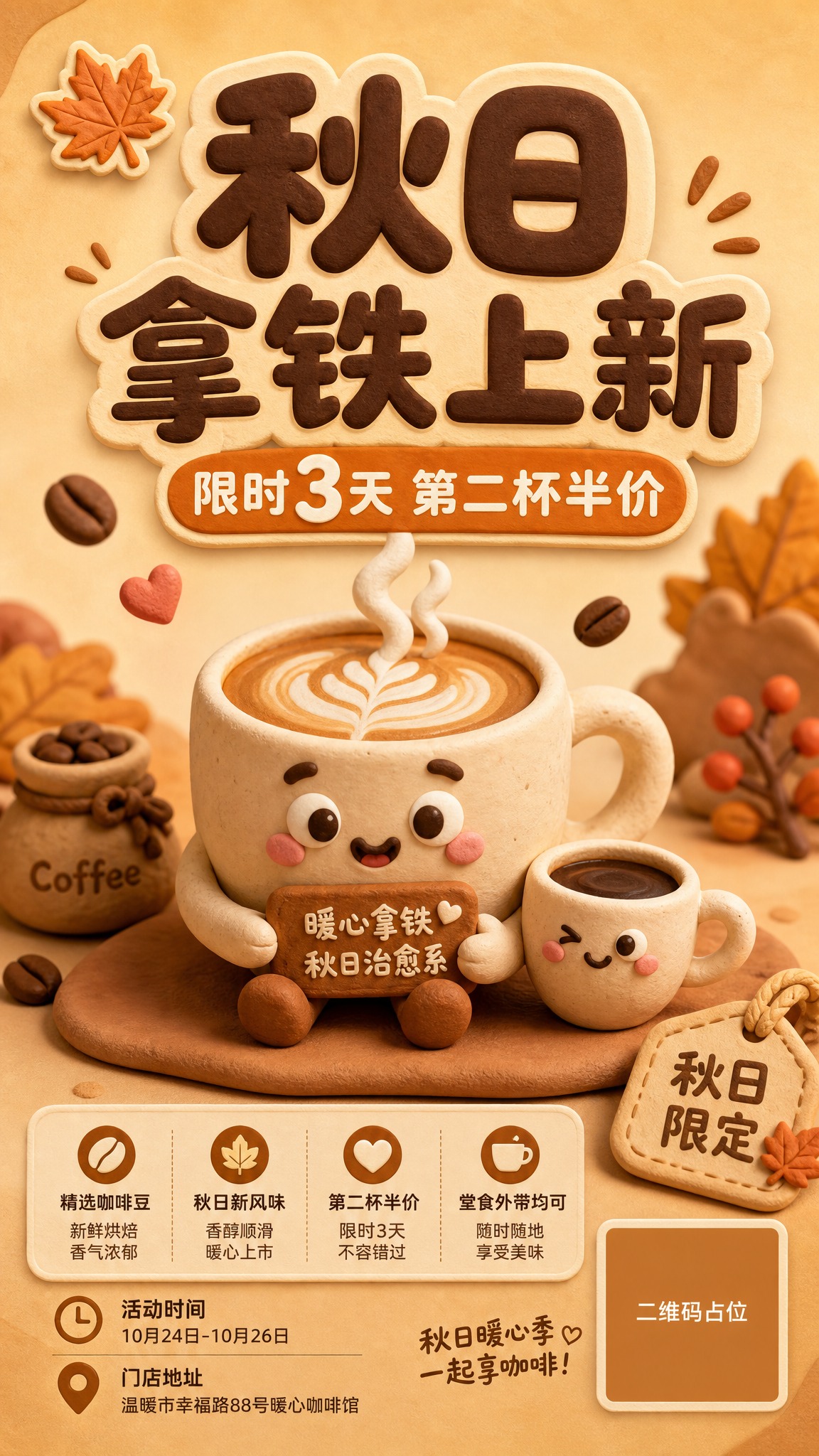 活动促销海报，丑萌黏土3D软陶质感风格，圆润造型，手作感哑光质… - 图片创意预览