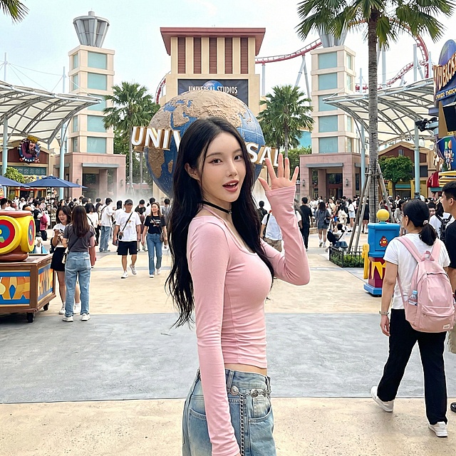 将背景替换为环球影城内部场景，保持模特和衣服不变，更换为侧身挥手的姿势