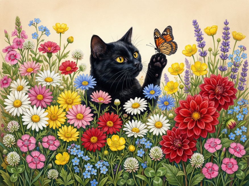 画面中间是一只纯黑色短毛猫，毛发油亮有光泽，明亮黄色眼睛，在花丛中抓蝴蝶，身体下半部分被花朵遮挡，只探出头和上半身。猫咪被一片野花花海环绕，包含各色雏菊（白、黄、粉、红、蓝）、红色大丽花、黄色毛茛、紫预览效果