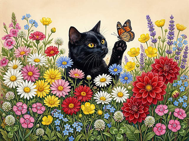 画面中间是一只纯黑色短毛猫，毛发油亮有光泽，明亮黄色眼睛，在花丛中抓蝴蝶，身体下半部分被花朵遮挡，只探出头和上半身。猫咪被一片野花花海环绕，包含各色雏菊（白、黄、粉、红、蓝）、红色大丽花、黄色毛茛、紫色薰衣草、蓝色勿忘我、白色三叶草、粉色石竹等，花卉高低错落，层次丰富，叶片与茎干细节清晰，营造出自然野趣的花园氛围。背景是柔和的浅米色，超写实水彩油画质感，融合现代数字绘画技术的艺术插画，光泽细腻呈现，整体画面层次丰富，高清晰度，高清画质，高分辨率，高度详细，细节丰富、色彩鲜艳，整体色彩饱和度高
