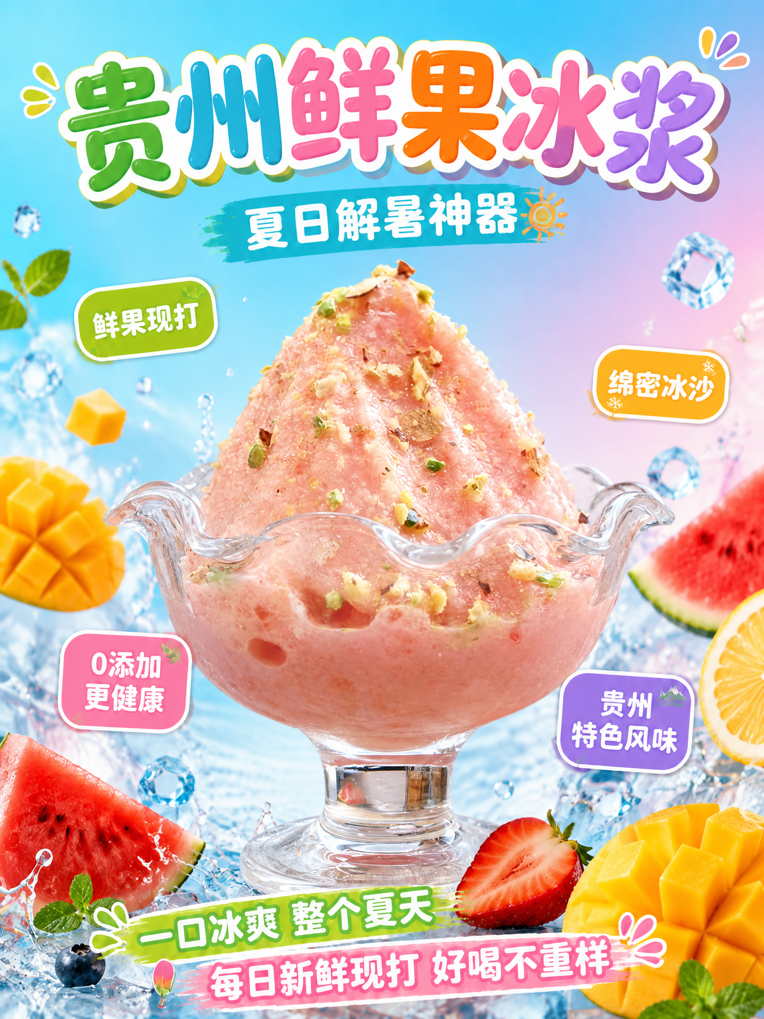 将图1海报中央的鲜果冰浆饮品，替换为图2中的贵州冰浆产品：玻璃… - 图片创意预览