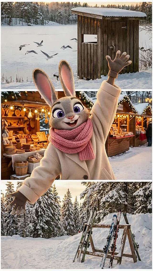 朱迪穿浅米色廓形大衣、粉色毛围巾，面向镜头露齿微笑。下面一层为动态三宫格冬季雪天场景，三宫格的高度完全相等：第一张是冬季湖畔观鸟屋场景，几只裹着雪的候鸟从湖面掠过；第二张为冬季户外手作市集摊位场景，朱迪比心；第三张为冬季林间雪道休息区场景，滑雪板立在画面中。