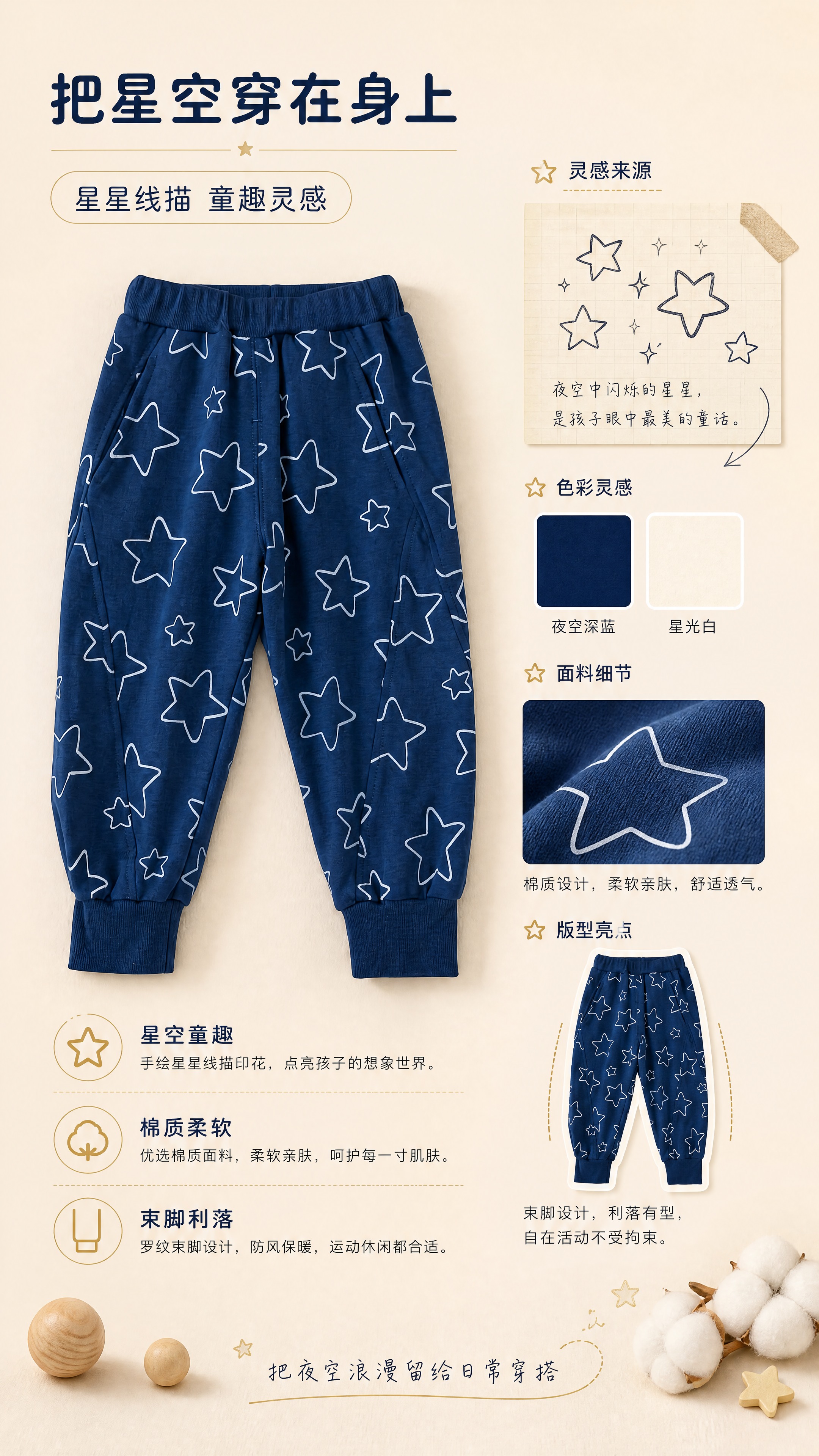 [第2张] 设计理念页-男童深蓝星星束脚休闲裤灵感解析。本张使… - 图片创意预览