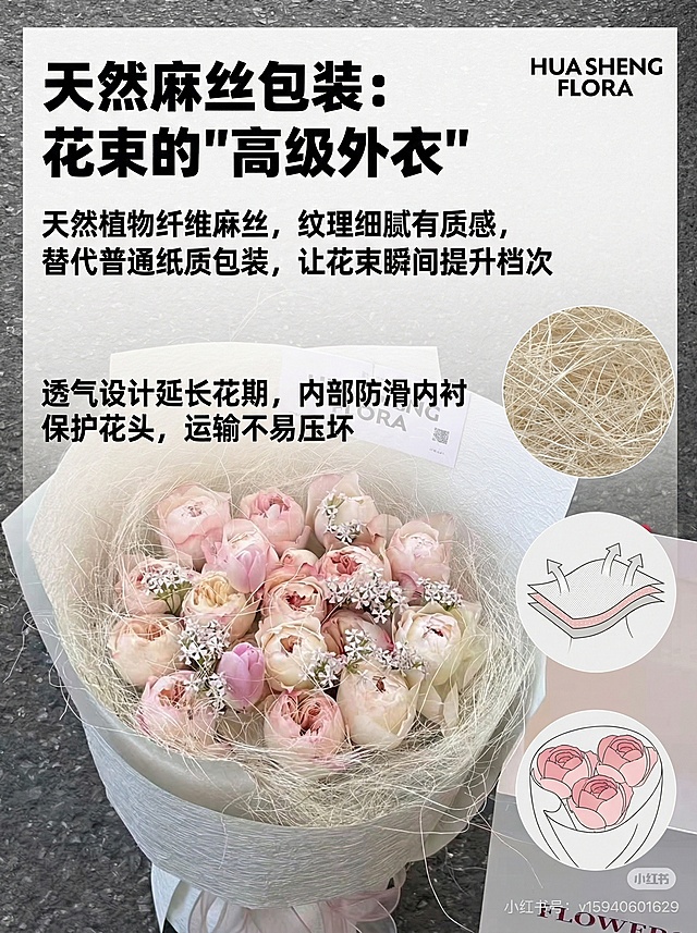 基于这束花，制作拼多多详情页卖点图，突出麻丝包装的特点，添加文案："天然麻丝包装：花束的'高级外衣'"，"天然植物纤维麻丝，纹理细腻有质感，替代普通纸质包装，让花束瞬间提升档次"，"透气设计延长花期，内部防滑内衬保护花头，运输不易压坏"，字体用粗黑体，主色调保持和原图一致，Logo放在右上角